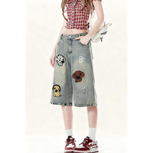 ZRSEE 甜酷少女卡通小狗刺绣牛仔六分裤做旧宽松阔腿复古中裤子
