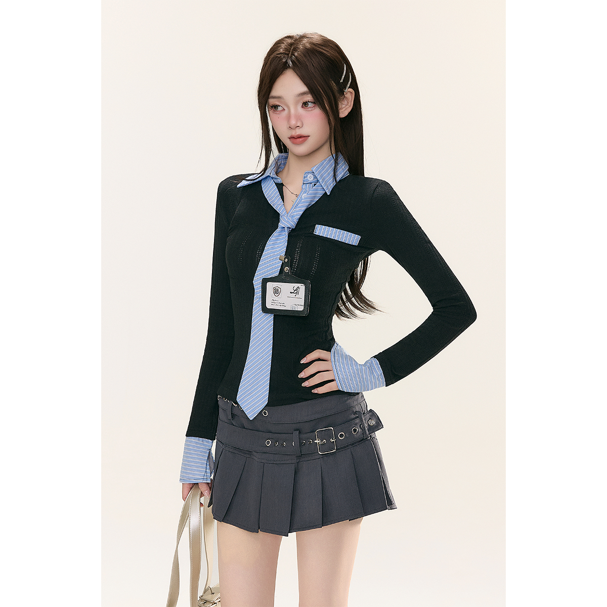 美式polo领假两件上衣女早秋