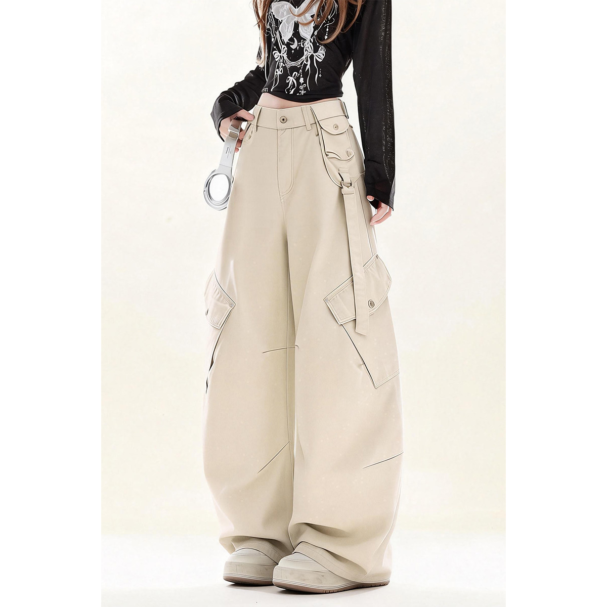 自然涩美式复古浅卡其工装裤女春秋高腰阔腿裤显瘦大口袋伞兵裤子,女装/女士精品,休闲裤,淘宝优惠券,粉丝福利购,淘宝优惠卷
