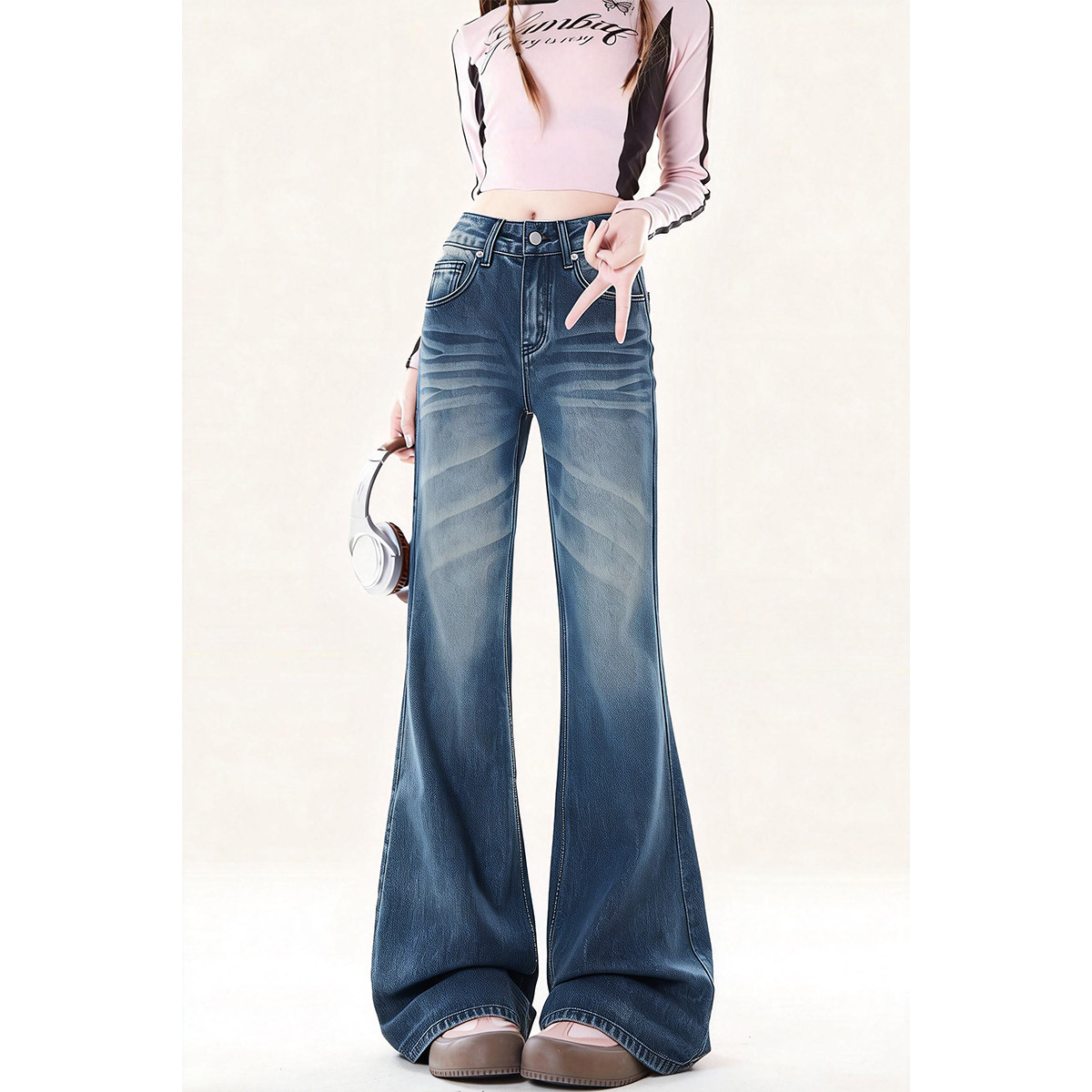 自然涩复古蓝低腰微喇牛仔裤女2026春季水洗纹理显瘦不贴腿喇叭裤,女装/女士精品,牛仔裤,淘宝优惠券,粉丝福利购,淘宝优惠卷