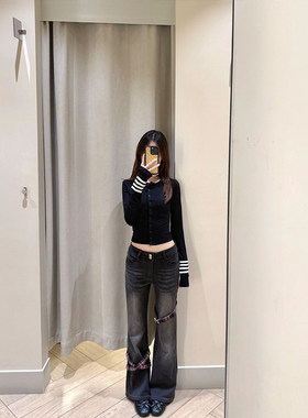 美式复古格子低腰微喇牛仔裤裤子