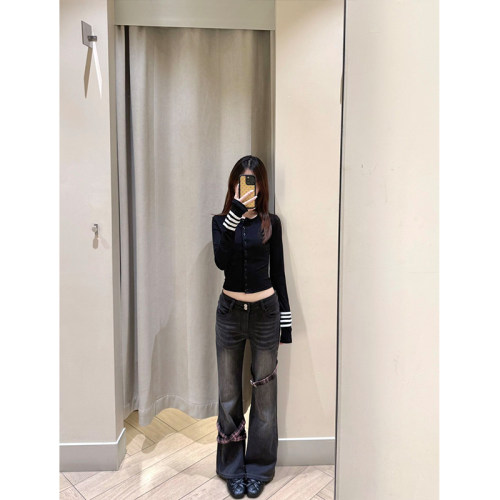 美式复古格子低腰微喇牛仔裤裤子