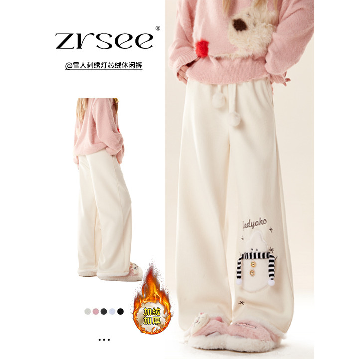 自然涩雪人刺绣灯芯绒直筒休闲裤女2026新款可爱加绒宽松阔腿长裤,女装/女士精品,休闲裤,淘宝优惠券,粉丝福利购,淘宝优惠卷