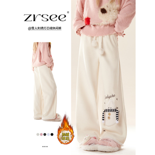 自然涩雪人刺绣灯芯绒直筒休闲裤女2026新款可爱加绒宽松阔腿长裤