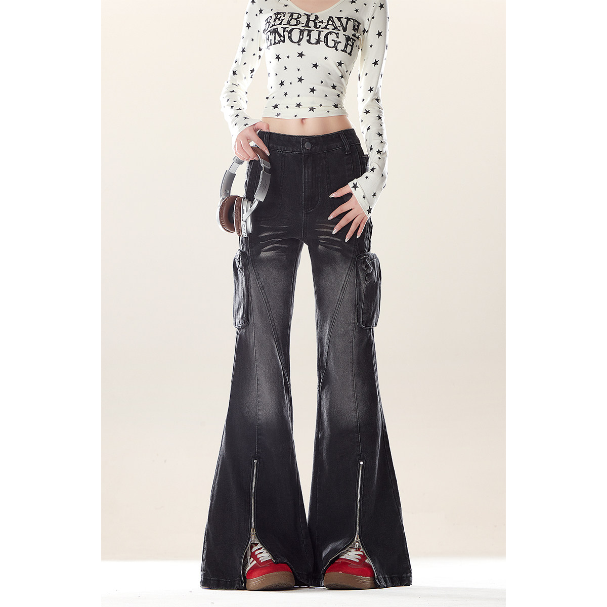 自然涩美式复古开叉牛仔喇叭裤女春秋新款小众设计感显瘦微喇裤子