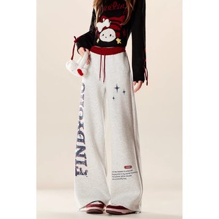 秋冬休闲直筒阔腿松紧腰运动裤 自然涩美式 撞色做旧字母印花女卫裤