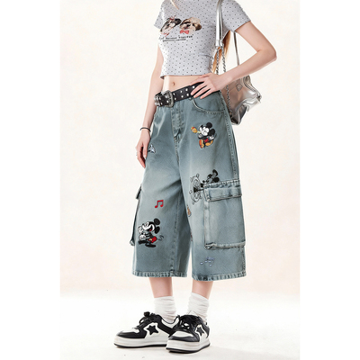 美式复古趣味刺绣工装短裤女水洗