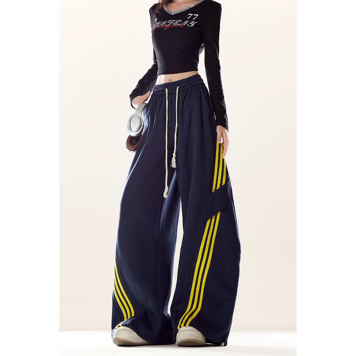 自然涩美式复古撞色拼接休闲卫裤