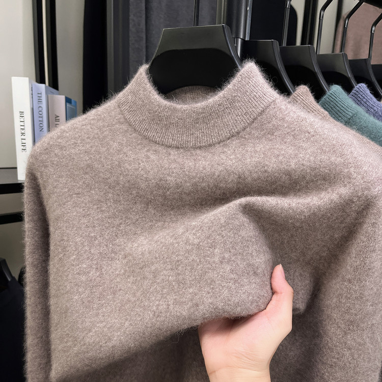 鄂尔多斯市产100%羊毛衫男士半高领纯色秋冬爸爸保暖针织毛衣打底