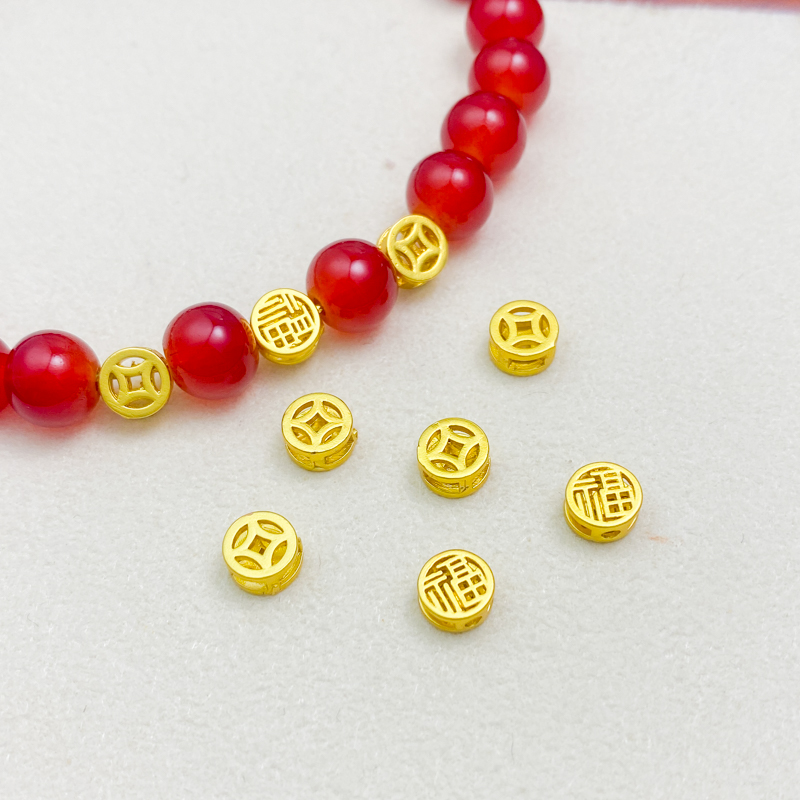 18K哑金配件保色镀金铜钱福字四通隔珠手工diy手链项链饰品配件