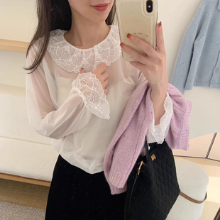 甜美风百搭蕾丝衫2026韩版秋冬宽松荷叶边领内搭透视网纱打底衫女