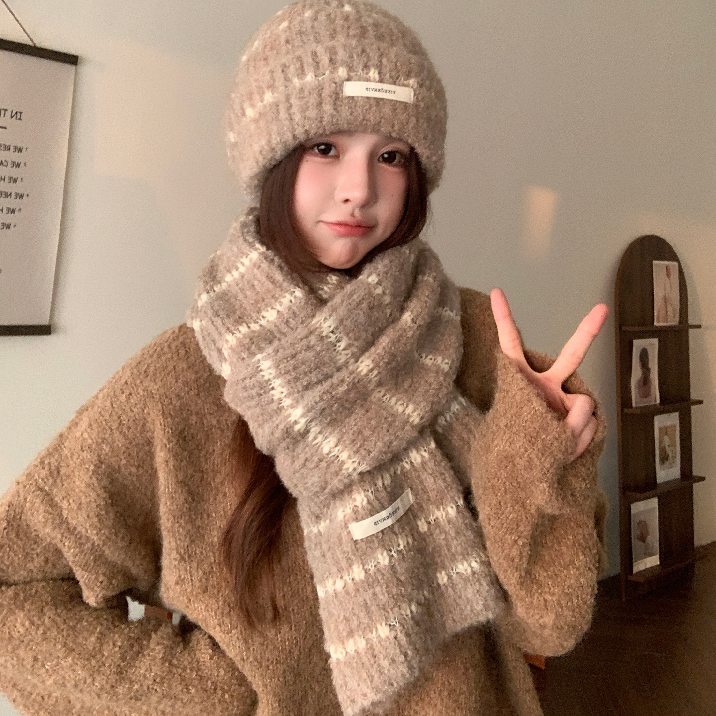 卡其色含羊毛保暖条纹针织帽子围巾女款冬季2025新款韩系毛线围脖