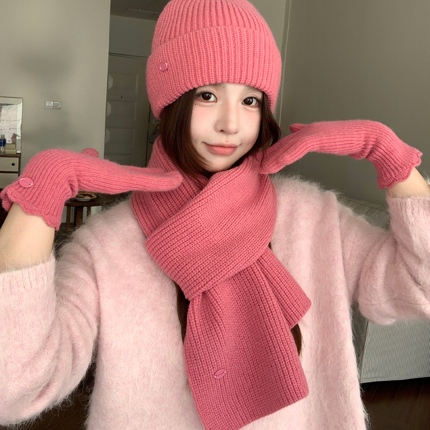 粉色围巾女款2025新款冬季韩版针织毛线帽子手套二三件套保暖围脖