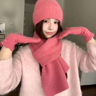 粉色围巾女款2025新款冬季韩版针织毛线帽子手套二三件套保暖围脖