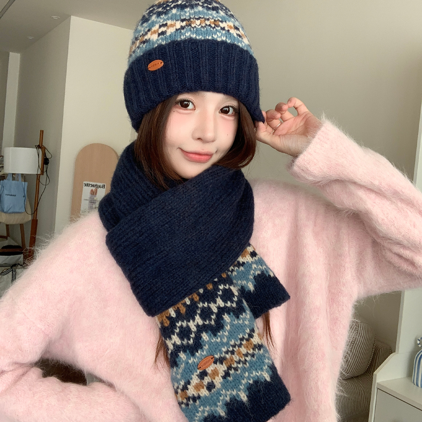 复古费尔岛针织毛线帽保暖围巾套装女冬季氛围感护颈情侣学生围脖
