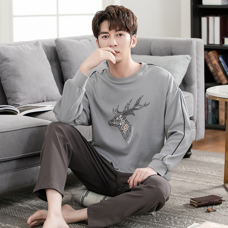 男士纯棉睡衣长袖春秋薄款青少年宽松加肥加大码全棉家居服套装男