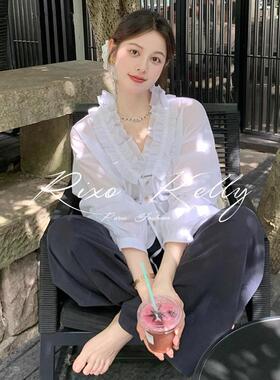 RIXO STREET法式白色荷叶边v领雪纺衬衫女夏季薄款泡泡袖上衣
