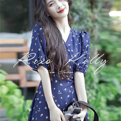 RIXO STREET蓝色V领泡泡袖碎花连衣裙女夏法式气质收腰显瘦长裙