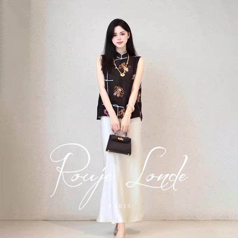 ROUJE LONDE新中式黑色马甲女夏季高级感轻奢名媛半身裙子两件套