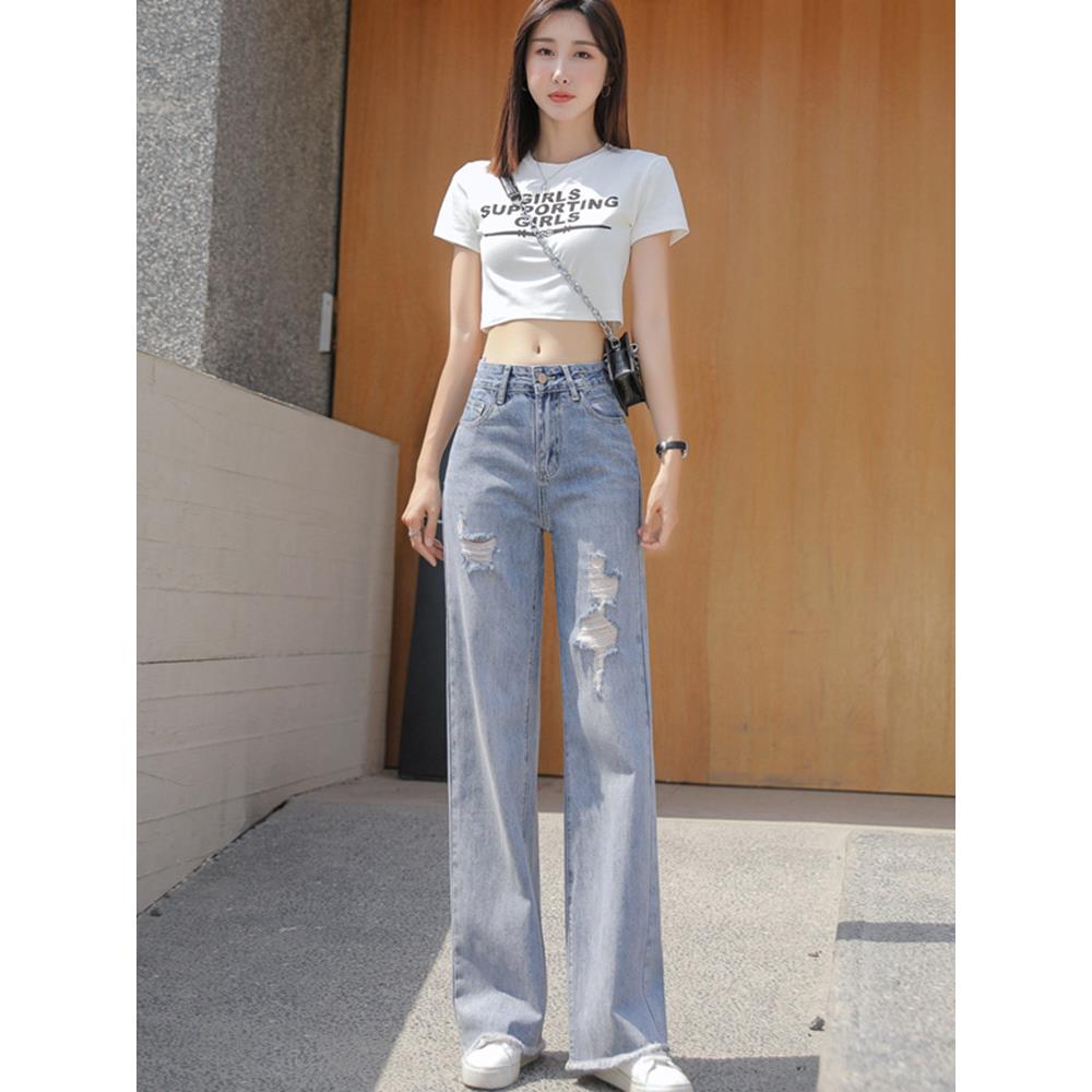 SPYB破洞牛仔裤女高腰2025春夏新款宽松直筒垂感柔软覆古阔腿裤子
