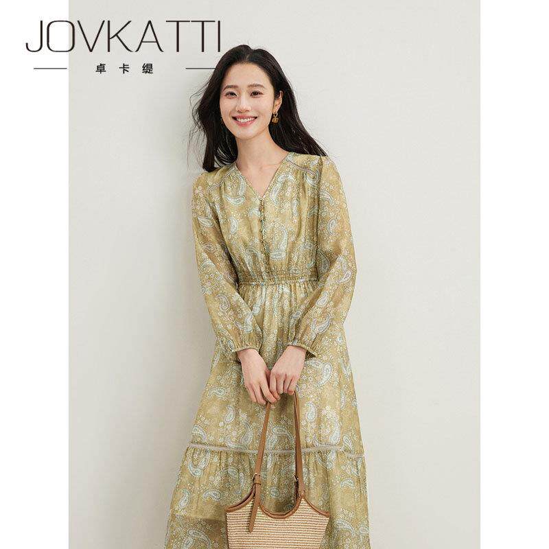 JOVKATTI春季气质百搭腰果花印花连衣裙镂空蕾丝收腰显瘦V领长裙
