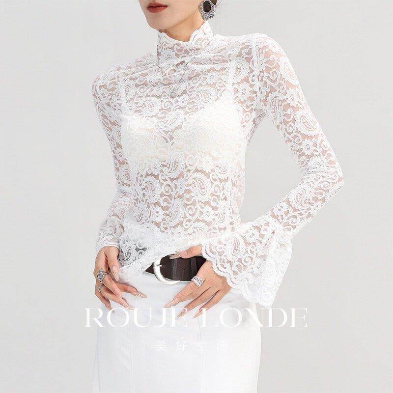 ROUJE LONDE高领网纱打底衫女秋花边镂空蕾丝喇叭袖薄款透明上衣