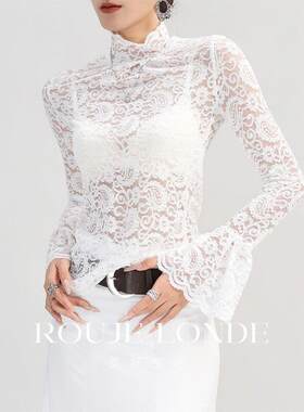 ROUJE LONDE高领网纱打底衫女秋花边镂空蕾丝喇叭袖薄款透明上衣