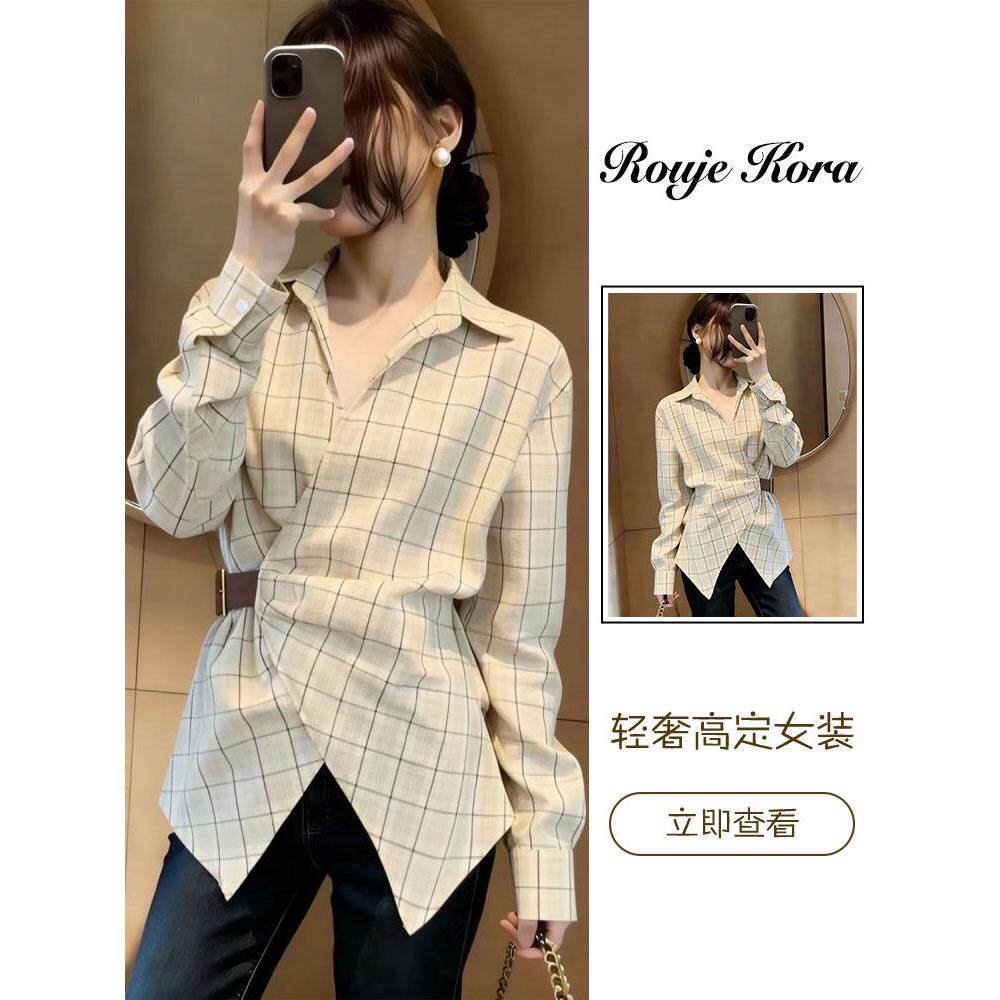 Rouje Kora韩版复古翻领格子衬衫女春季宽松型上衣收腰不对称女装