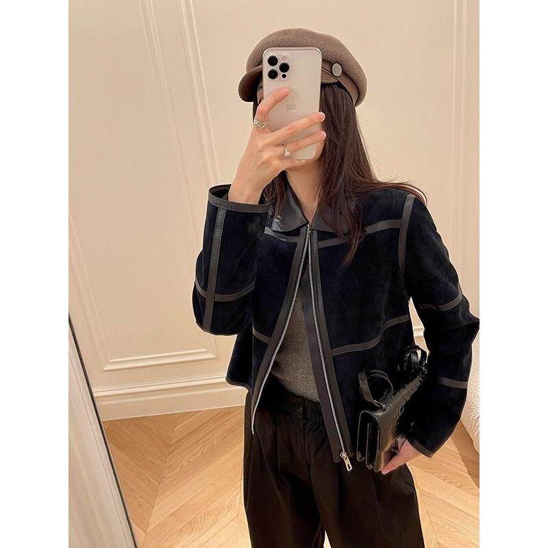 JOVKATTI2025秋季 蓝调皮衣老钱风绒面蓝色真羊皮短款皮衣外套女