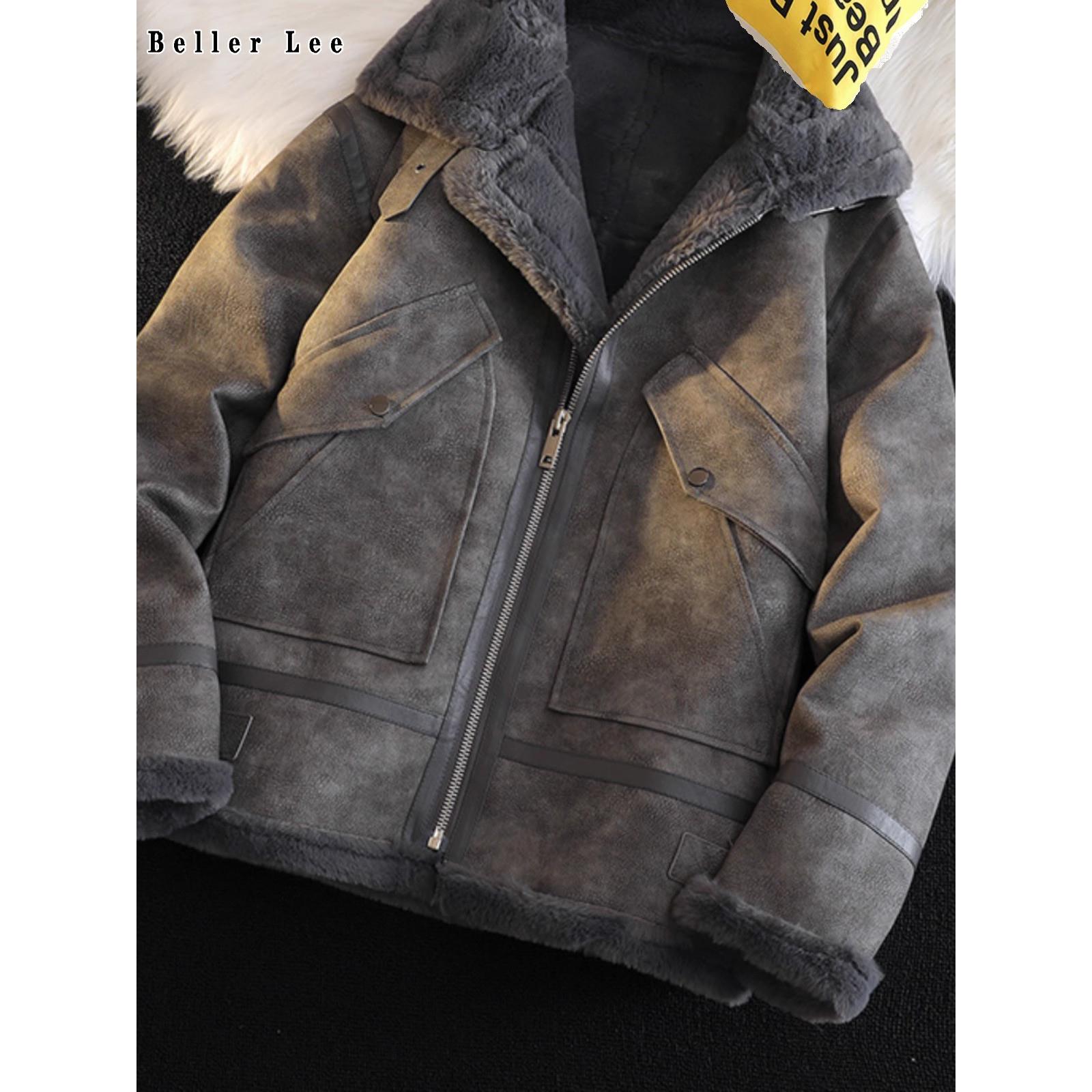 BellerLee 覆古皮毛一体男外套冬季加绒加厚东北棉袄短款夹克棉服