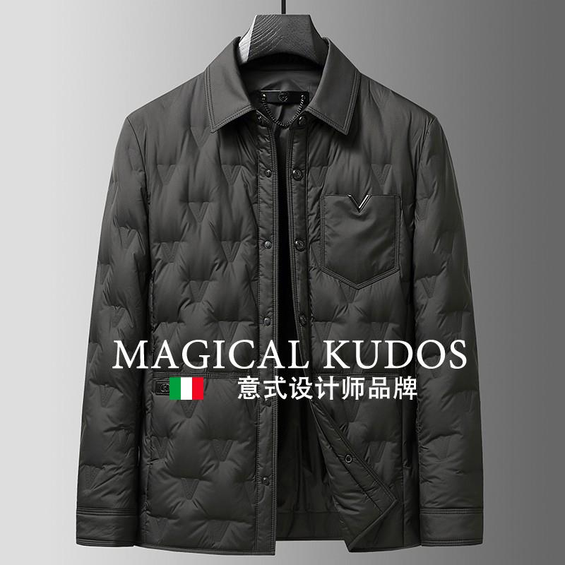 MAGICAL KUDOS轻薄羽绒服男短款休闲衬衫式翻领白鸭绒外套冬装