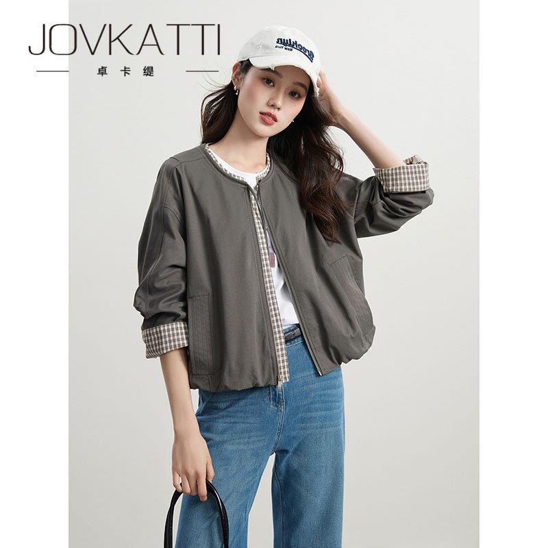 JOVKATTI春季新款文艺复古风宽松显瘦短款上衣格纹拼接圆领外套女