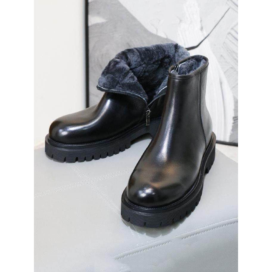 冬季保暖绒厚底马丁切尔西靴毛里加厚皮毛一体真皮拉炼增高男靴潮