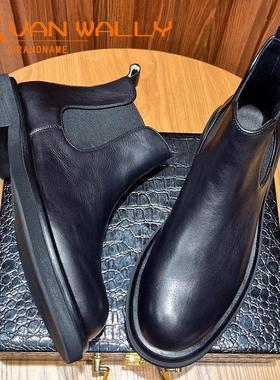 Van Wally靴子高帮皮靴厚底短靴冬季天鹅绒温暖真皮覆古切尔西靴
