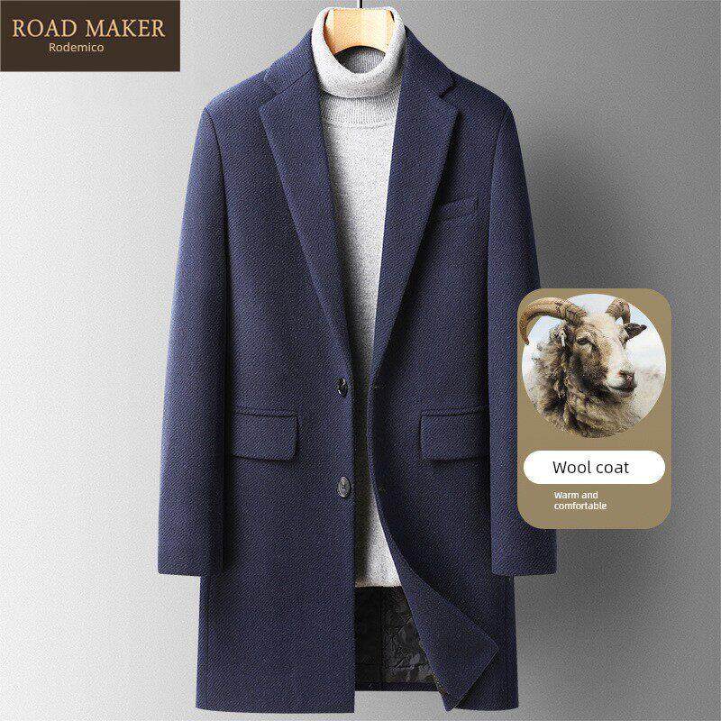 ROADMAKER冬季新款羊毛大衣男士时尚休闲中长款风衣加厚毛呢外套