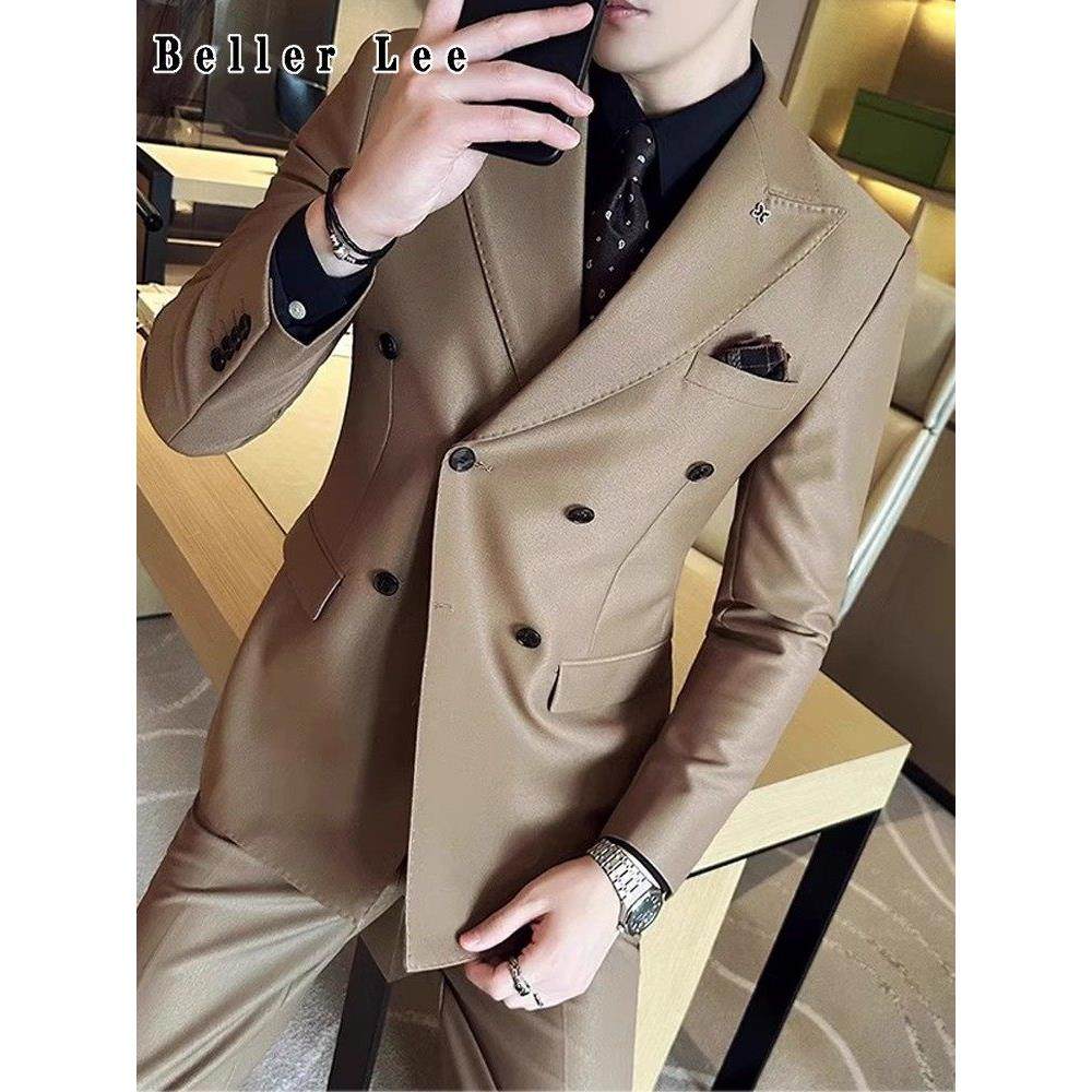 BellerLee 高级感新郎西装套装男秋冬新款修身休闲礼服双排扣西服