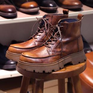 秋冬季阿美卡叽覆古头层牛皮马丁靴男潮流圆头真皮系带厚底工装靴