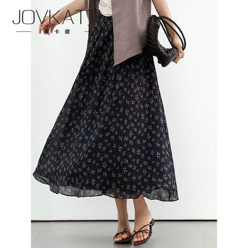 JOVKATTI春季新款气质碎花半身裙中长款遮肉显瘦松紧腰苎麻A字裙