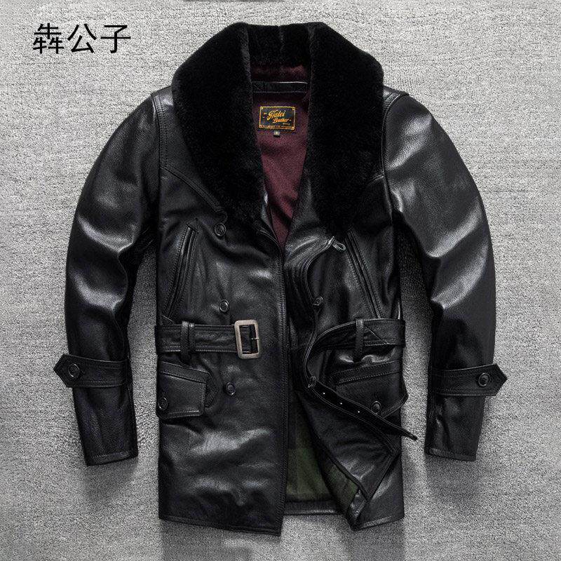 犇公子高级感男士风衣毛领头层牛皮真皮皮衣休闲覆古秋冬外套男装