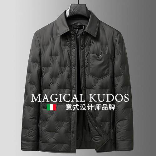 MAGICAL KUDOS轻薄羽绒服男短款休闲衬衫式翻领白鸭绒外套冬装