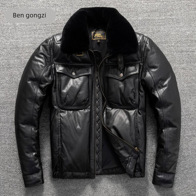 犇公子高端头层牛皮真皮羽绒服休闲男士防风保暖简约修身冬款外套