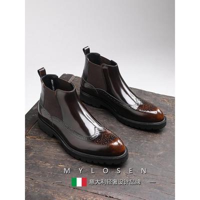 迈洛森布洛克亮面切尔西靴男尖头短靴英伦雕花真皮高帮皮鞋冬季