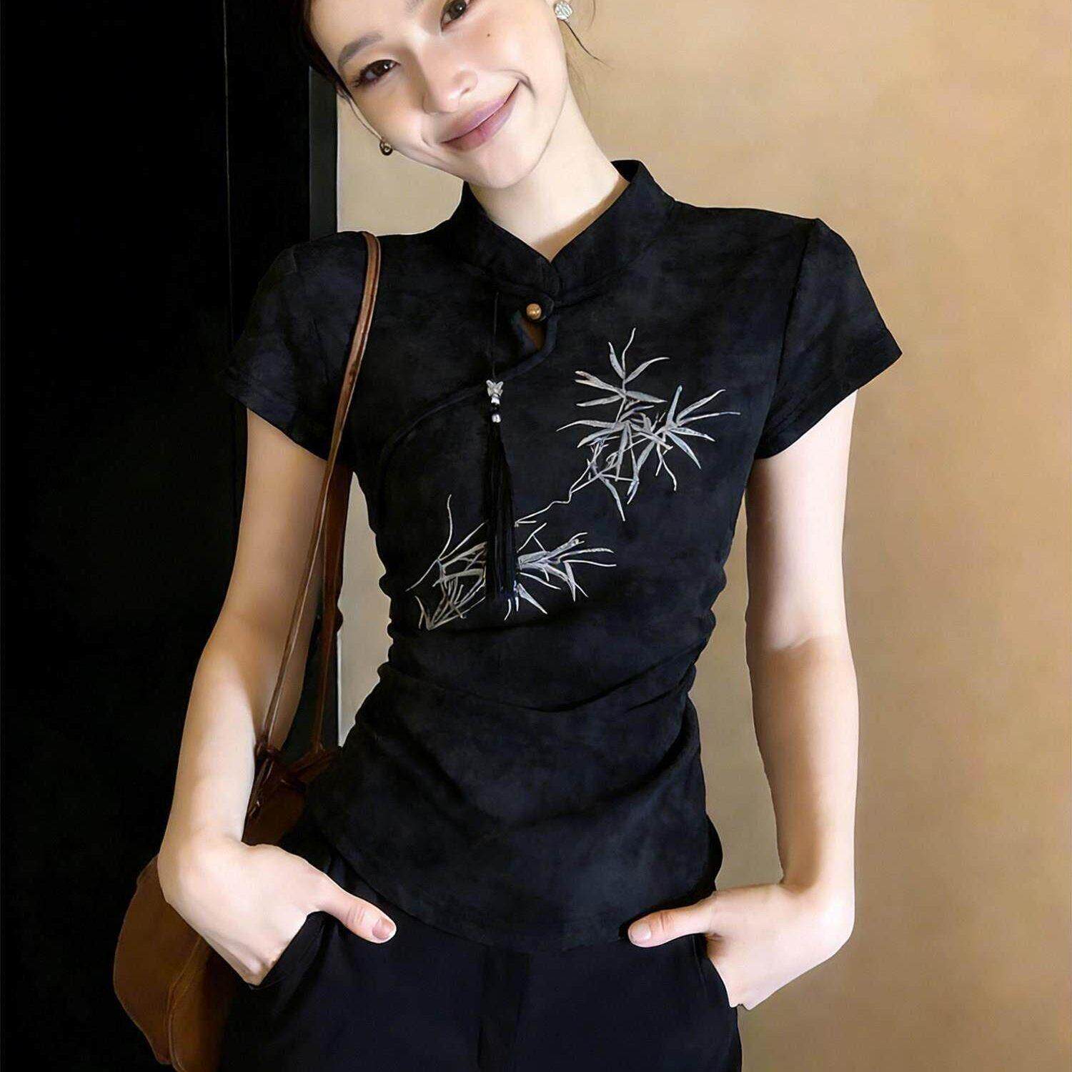 潮牌黑色国风上衣女短袖新款时尚高级感独特新中式超好看绝美衬衣