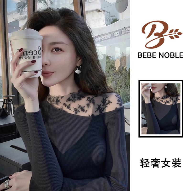 BEBE NOBLE复古蕾丝拼接毛衣女秋冬高级感内搭修身显瘦针织打底衫