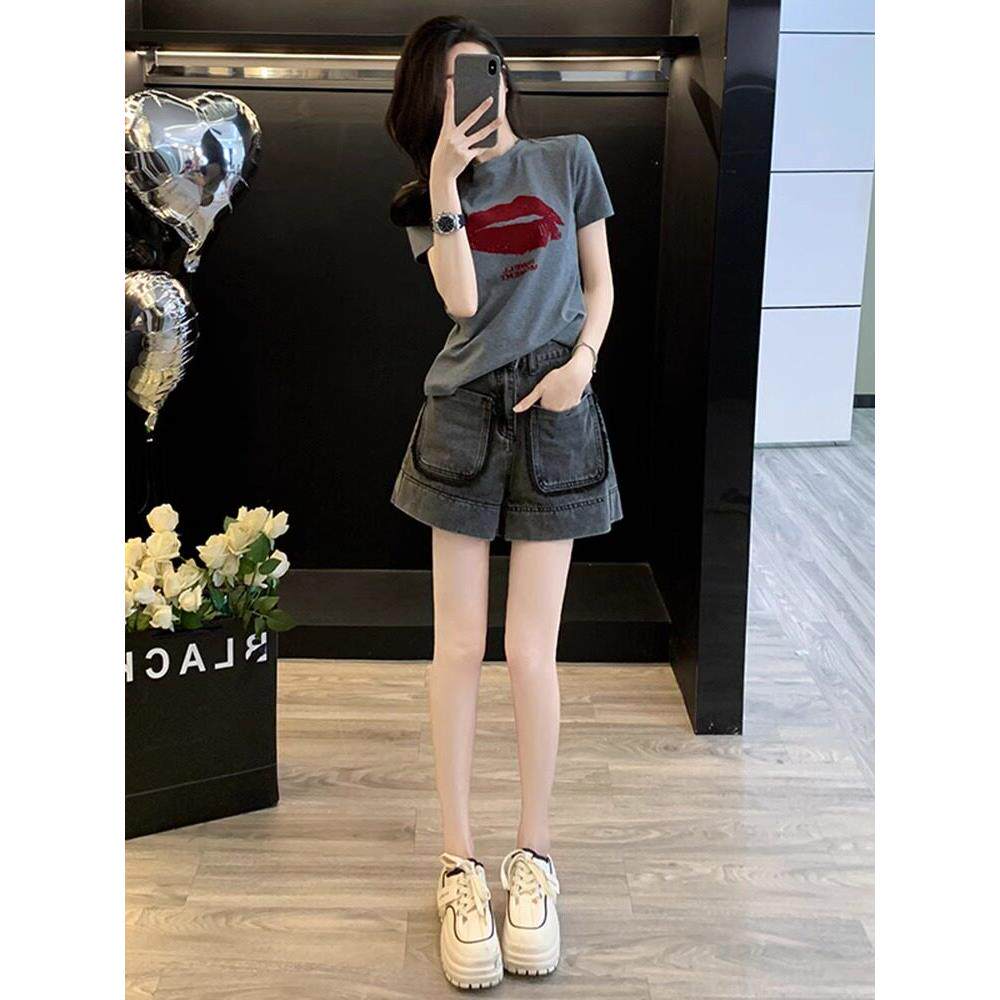 SUPDORX~小个子穿搭休闲运动套装女夏炸街减龄短袖牛仔短裤两件套