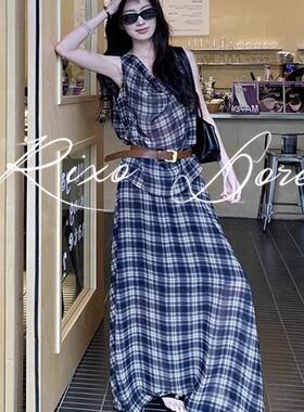 RIXO DORE法式复古高级感挂脖连衣裙女设计感不规则无袖格子长裙