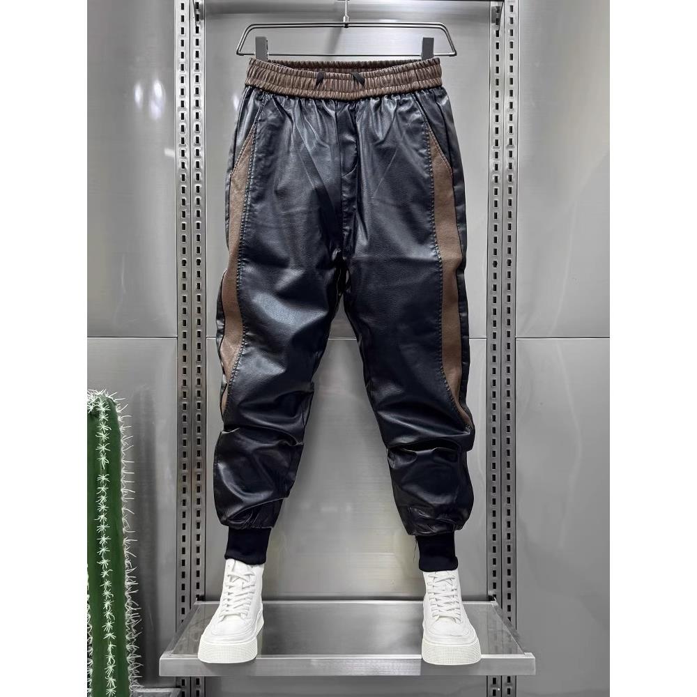 休闲裤男款高端时尚潮流拼色锥形长裤机车骑行痞帅加绒皮裤男冬季