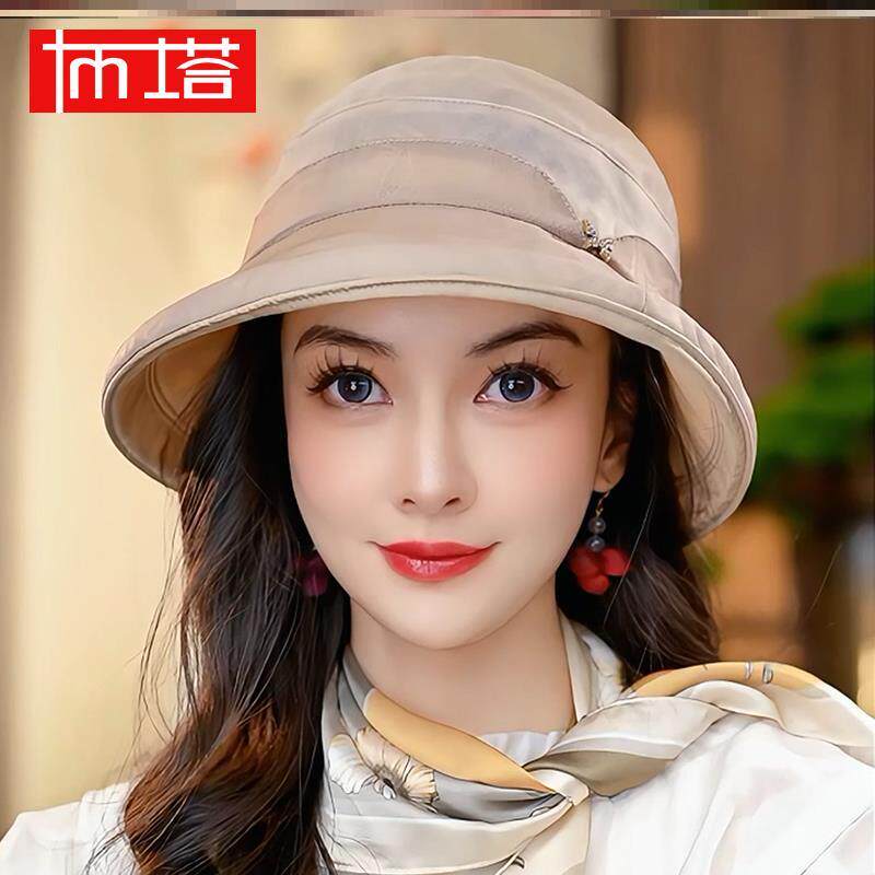 布塔真丝遮阳帽女士防晒渔夫帽轻薄透气桑蚕丝防紫外线香云纱花萝
