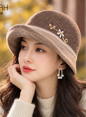 布塔法式复古渔夫帽花朵装饰羊毛呢帽子女气质优雅秋冬季保暖盆帽