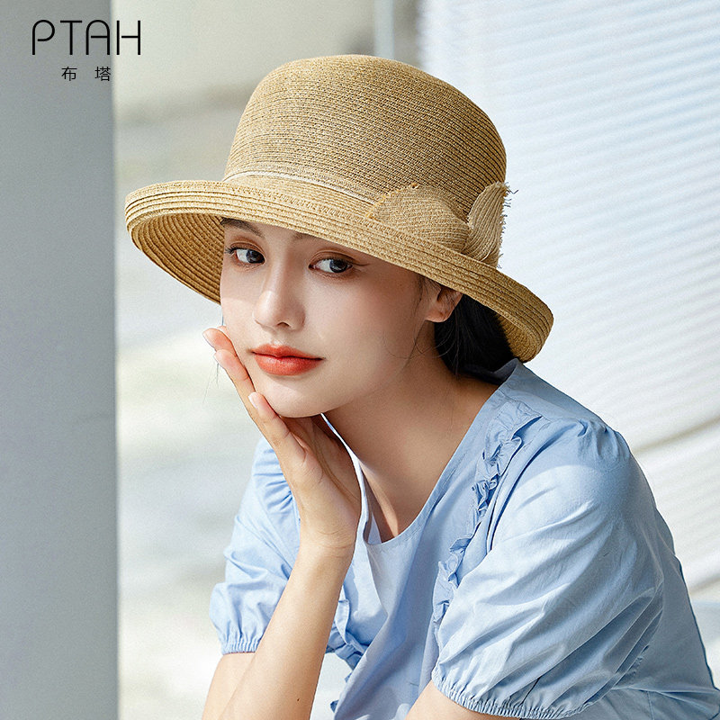 布塔夏季草帽女防晒太阳帽可折叠盆帽法式户外遮阳帽赫本风大檐帽